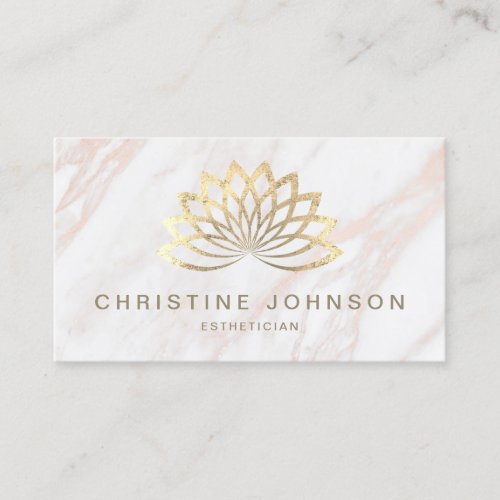 faux gold foil lotus logo on pink marble business card
