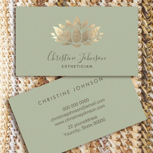 faux gold foil lotus logo on sage green business card