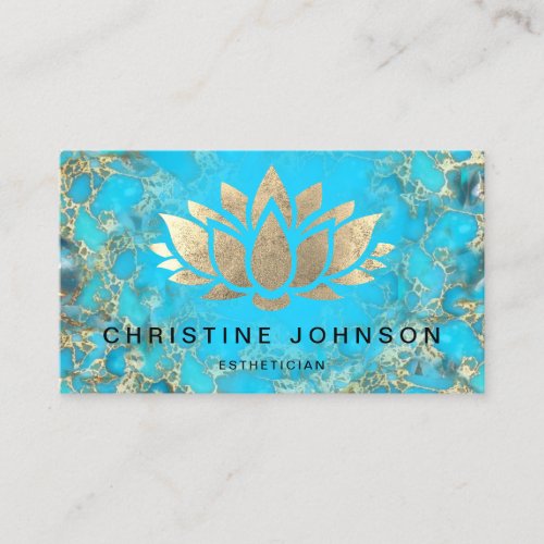 faux gold foil lotus logo un turquoise texture business card