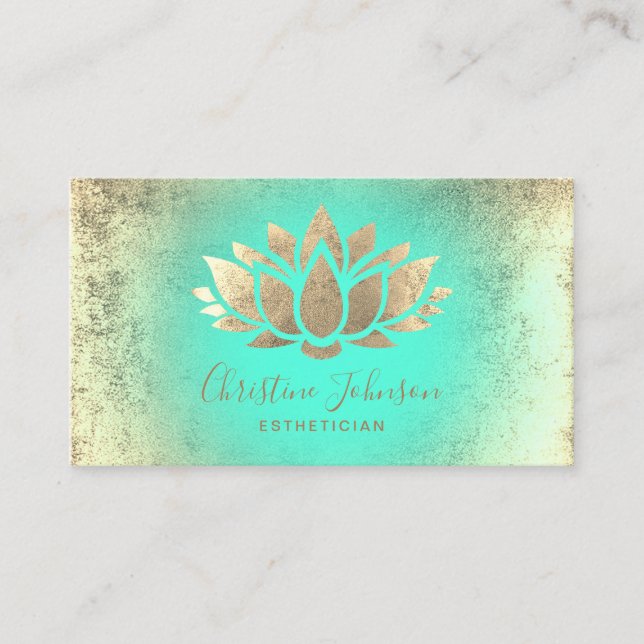 faux gold foil lotus on mint gradient business card (Front)