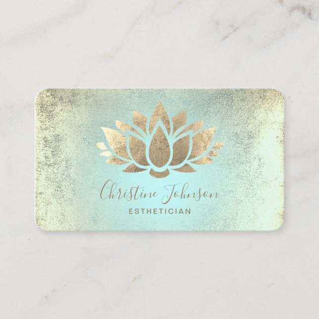 faux gold foil lotus on mint gradient business card (Front)