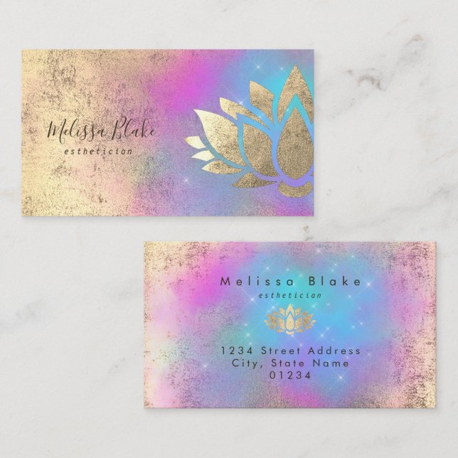 faux gold foil lotus on purple blue cloud business card (Front/Back)
