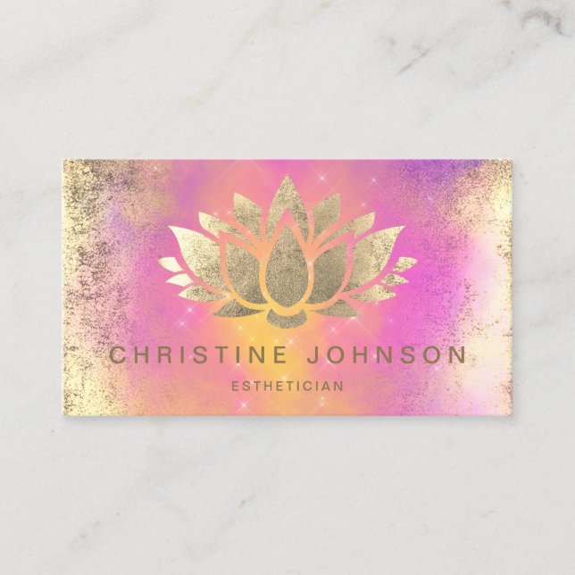 faux gold foil lotus on purple cloud business card (Front)