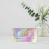 faux gold foil lotus on purple turquoise business card (Standing Front)