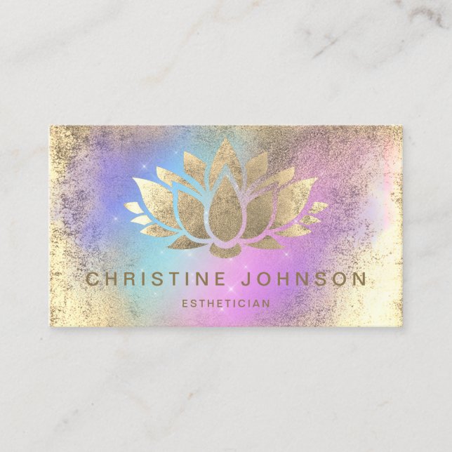 faux gold foil lotus on purple turquoise business card (Front)