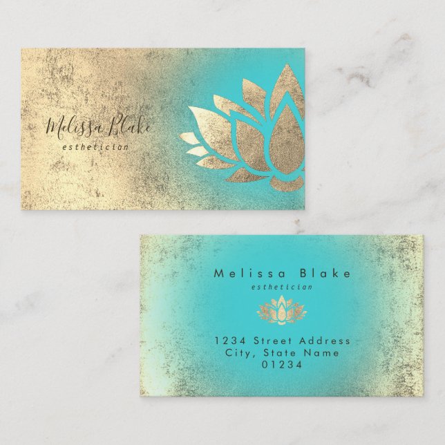 faux gold foil lotus on turquoise gradient business card (Front/Back)