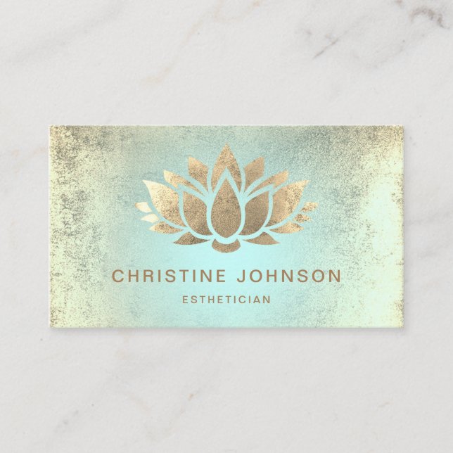 faux gold foil lotus on turquoise gradient business card (Front)
