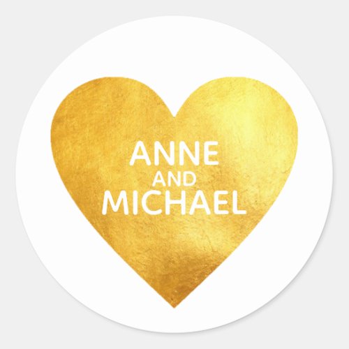 faux gold foil love heart with bride groom names  classic round sticker