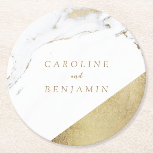 Faux gold foil marble luxury modern wedding round paper coaster