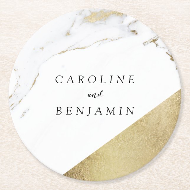 Faux gold foil marble luxury modern wedding round paper coaster (Front)