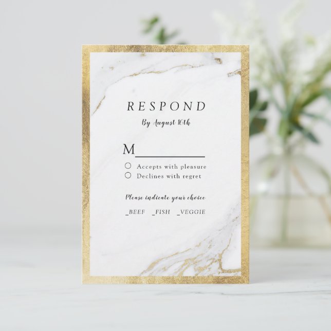 Faux gold foil marble luxury modern wedding RSVP Card (Standing Front)
