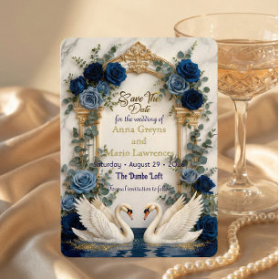 Faux Gold Foil & Marble Swans Royal Blue Floral Save The Date