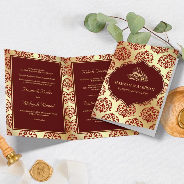 Faux Gold Foil Maroon Red Damask Muslim Wedding Invitation (Creator Uploaded)