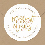 Faux Gold Foil Merriest Return Address Classic Round Sticker<br><div class="desc">Affordable custom circle holiday address labels with elegant faux gold foil script typography on a white background. Use the design tools to add your own text and photos to create a one of a kind return address label,  envelope seal or Christmas gift tags.</div>