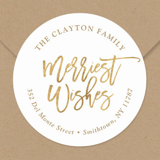 Faux Gold Foil Merriest Return Address Classic Round Sticker