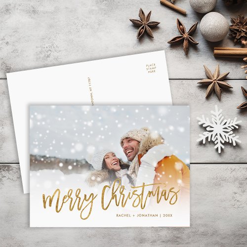 Faux Gold Foil Merry Christmas Photo Overlay Holiday Postcard