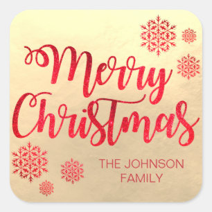 Faux Gold foil Merry Christmas Red Snowflakes Square Sticker