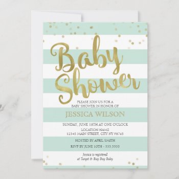 Faux Gold Foil  Mint Green Stripes Baby Shower Invitation by weddingsnwhimsy at Zazzle