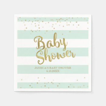 Faux Gold Foil Mint Green Stripes Baby Shower Paper Napkins by weddingsnwhimsy at Zazzle