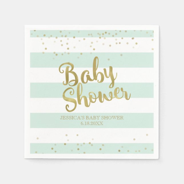 Faux Gold Foil Mint Green Stripes Baby Shower Paper Napkins (Front)