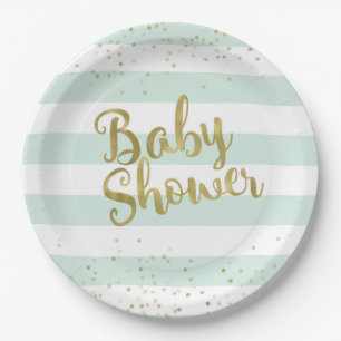 Faux Gold Foil, Mint Green Stripes Baby Shower Paper Plates