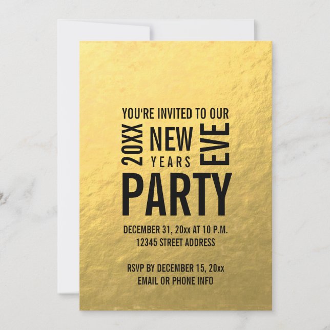 Faux Gold Foil Modern New Years Eve Party Invite (Front)