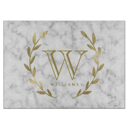 Faux Gold Foil Monogram On Marble Texture Cutting Board