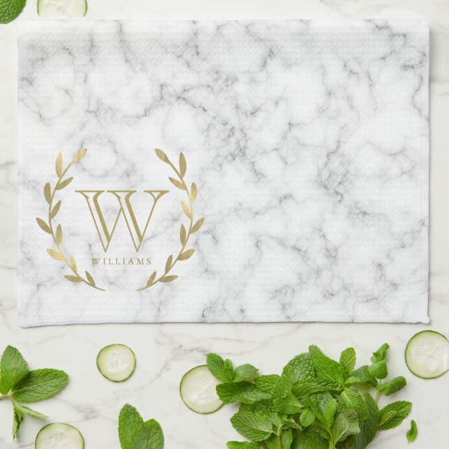 Faux Gold Foil Monogram on Marble Texture Kitchen Towel (Folded)