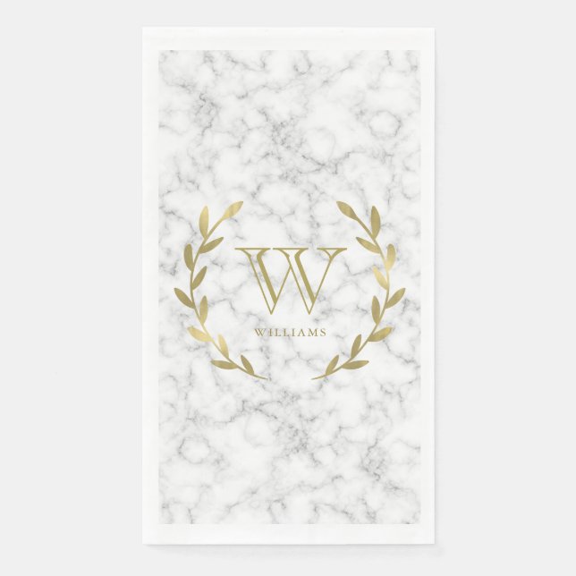 Faux Gold Foil Monogram on Marble Texture Paper Guest Towels (Front)