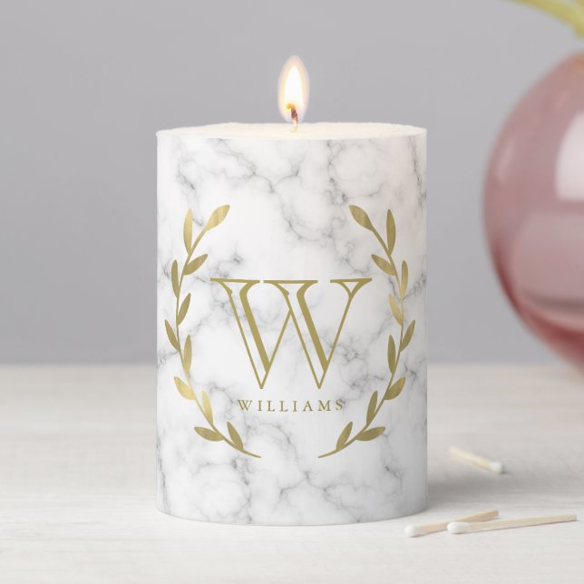Faux Gold Foil Monogram on Marble Texture Pillar Candle (In Situ)