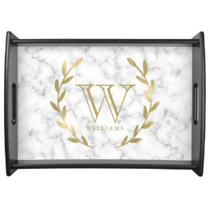 Faux Gold Foil Monogram on Marble Texture Serving Tray