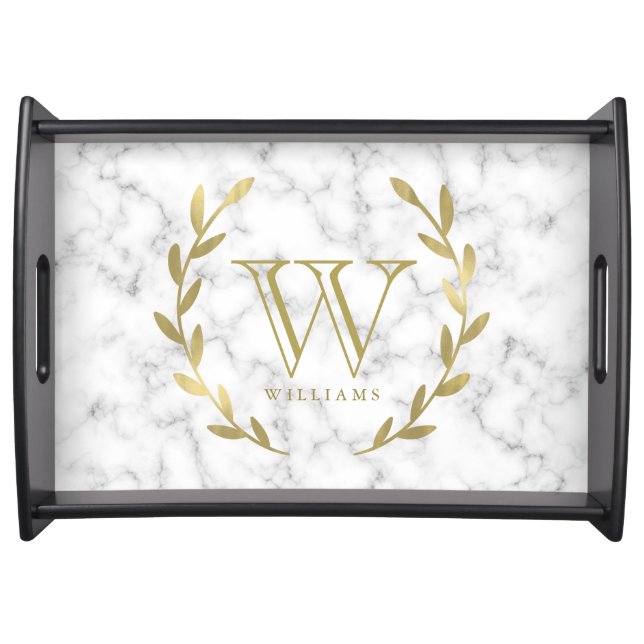 Faux Gold Foil Monogram on Marble Texture Serving Tray (Front)