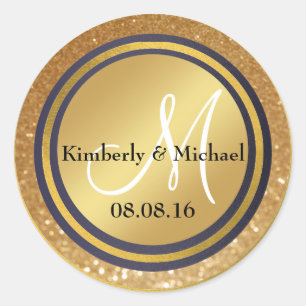 Faux Gold Foil Navy Blue Monogram Classic Round Sticker