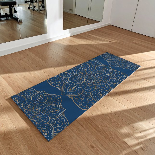 Faux Gold Foil On Dark Blue Decorative Mandala Yoga Mat (Disclaimer: This image is a digital mockup.)