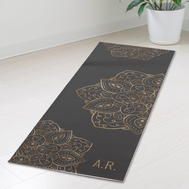 Faux Gold Foil On Dark Gray Mandala With Initials Yoga Mat (Creator Uploaded)