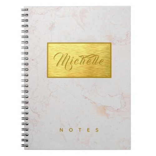 Faux Gold Foil on Marble Golden Custom Name White Notebook