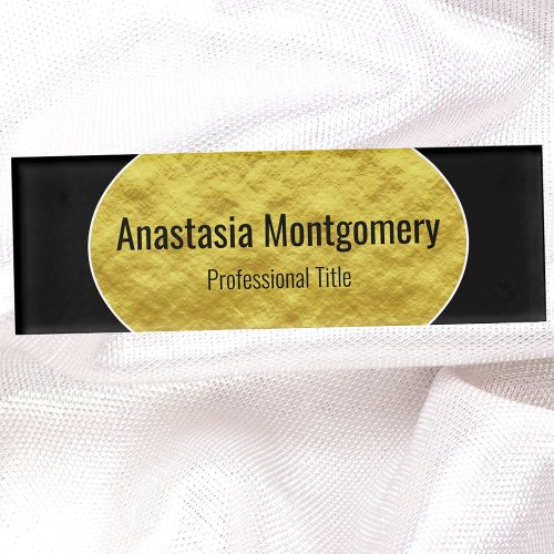 Faux Gold Foil Oval Black Text Elegant Name Tag