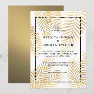 Faux Gold Foil Palm Leaves Tropical Beach Wedding Invitation