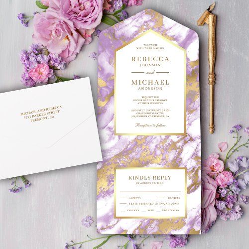 Faux Gold Foil Pastel Lavender Marble Wedding All In One Invitation