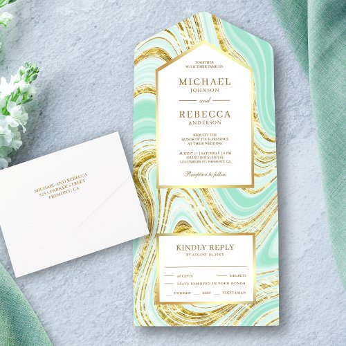 Faux Gold Foil Pastel Mint Green Marble Wedding All In One Invitation