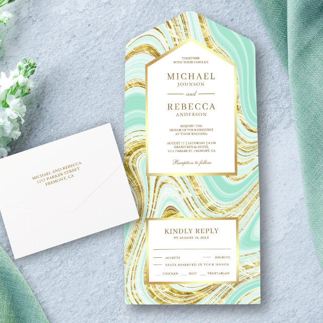 Faux Gold Foil Pastel Mint Green Marble Wedding All In One Invitation (Creator Uploaded)