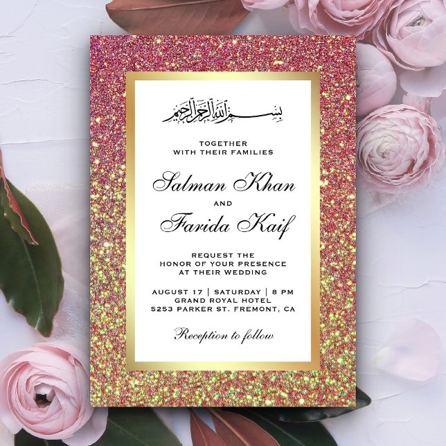 Faux Gold Foil Pastel Pink Glitter Islamic Wedding Invitation (Creator Uploaded)