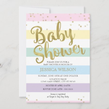 Faux Gold Foil, Pastel Rainbow Stripes Baby Shower Invitation