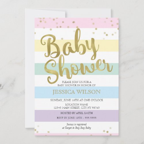 Faux Gold Foil Pastel Rainbow Stripes Baby Shower Invitation