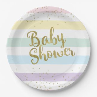 Faux Gold Foil, Pastel Rainbow Stripes Baby Shower Paper Plate
