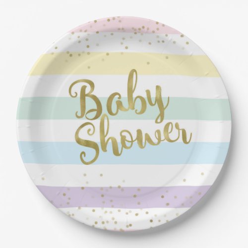 Faux Gold Foil Pastel Rainbow Stripes Baby Shower Paper Plates