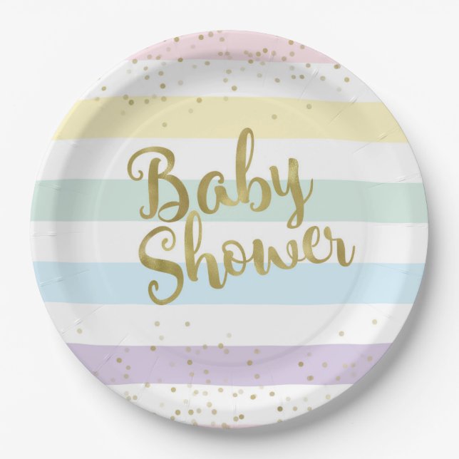 Faux Gold Foil, Pastel Rainbow Stripes Baby Shower Paper Plates (Front)