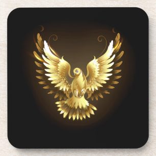 Faux Gold Foil Peace Dove on Black Beverage Coaster