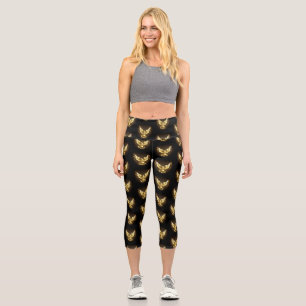 Faux Gold Foil Peace Dove on Black Capri Leggings