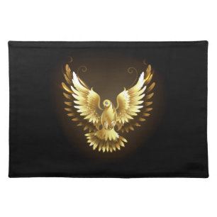 Faux Gold Foil Peace Dove on Black Cloth Placemat
